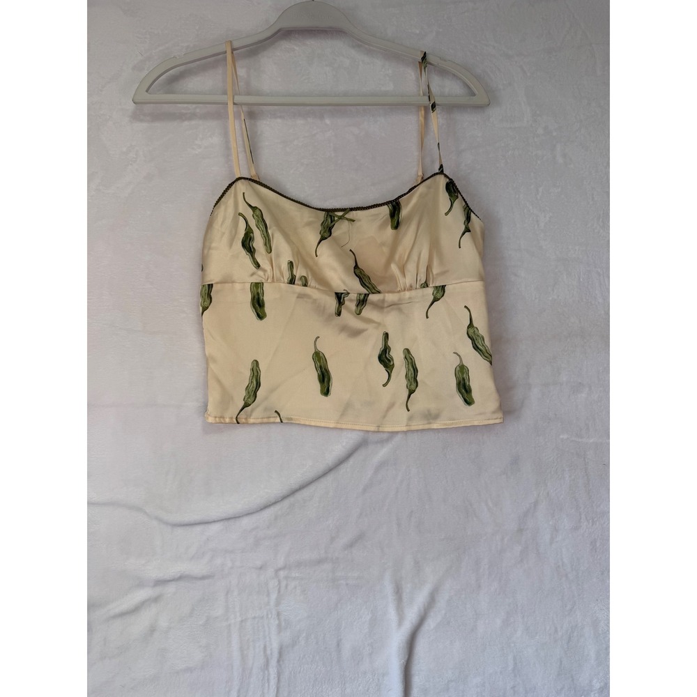 Bailey Rose Pepper Print Cami Crop Top S Cream Green Satin Adjustable Women